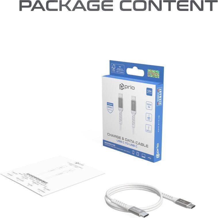 Thumbnail - prio High-Speed Charge & Sync -USB-C-auf-USB-C-Kabel, 5 A, 1,2 m, Weiss (1.20 m, USB 2.0), USB Kabel