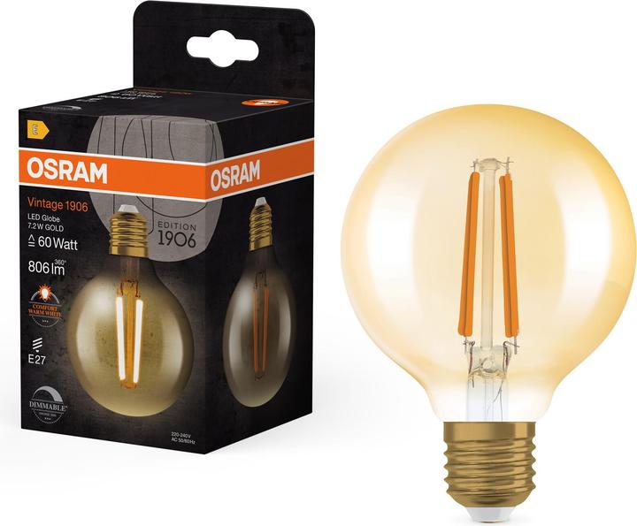 Image du produit Osram Vintage 1906 LED CLASSIC Globe à intensité variable (E27, 7.20 W, 806 lm, 4 x, E)