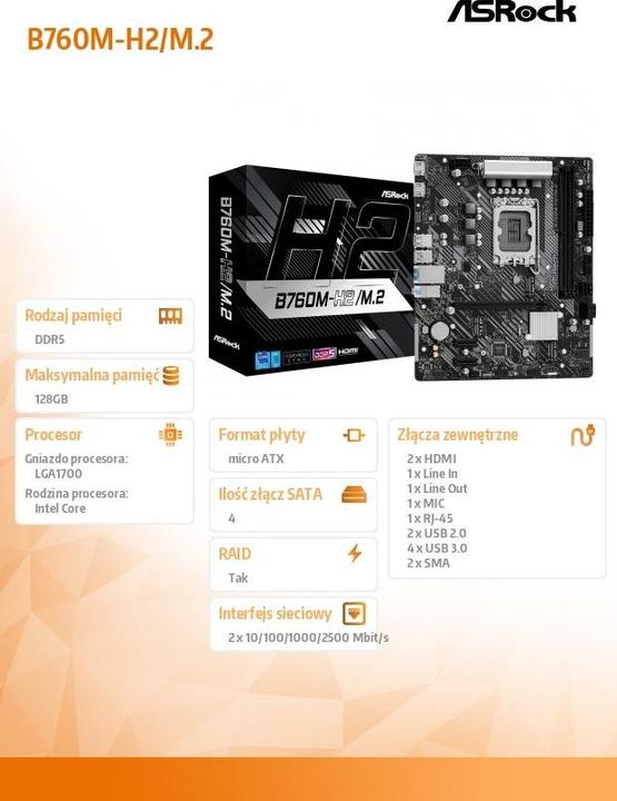 Image du produit AsRock B760M-H2/M.2 moederbord (LGA 1700, Intel B760, mATX)
