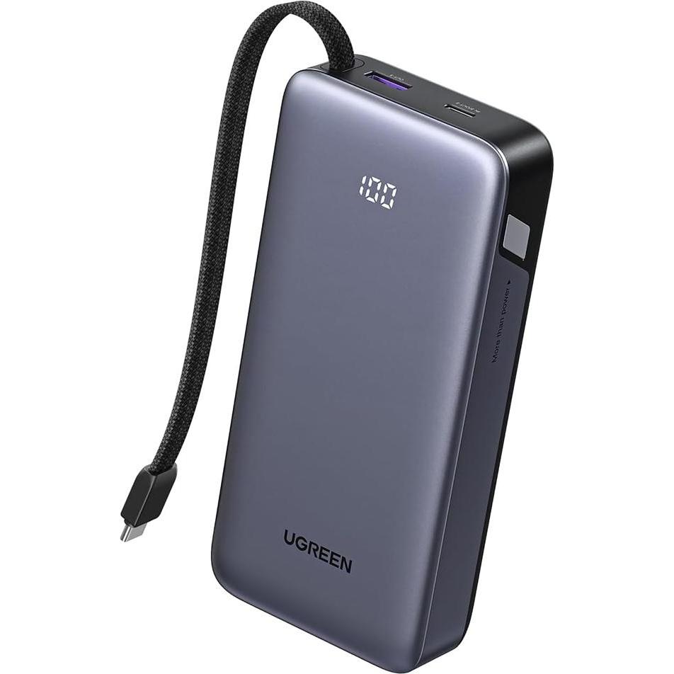 Ugreen PB536 20.000mAh 45W power bank 1x USB-A 1x USB-C 1x integrated USB-C cable (20000 mAh, 45 W), Powerbank