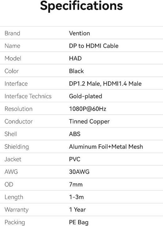 Nutritional values and ingredients Vention Cable DisplayPort do HDMI 3m HADBI Czarny (3 m)