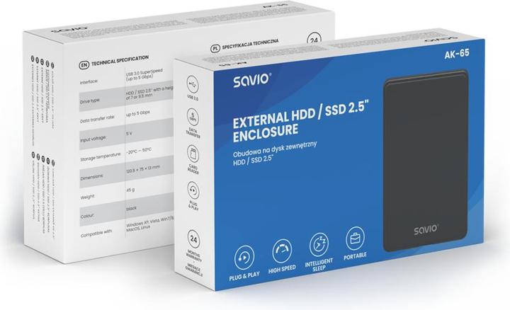 Productafbeelding Savio 2,5 Externe HDD/SDD-behuizing USB 3.0 AK-65 (2.5")