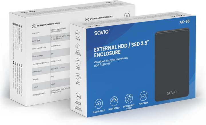 Produktbild Savio 2.5 Externes HDD/SDD-Gehäuse USB 3.0 AK-65 (2.5")