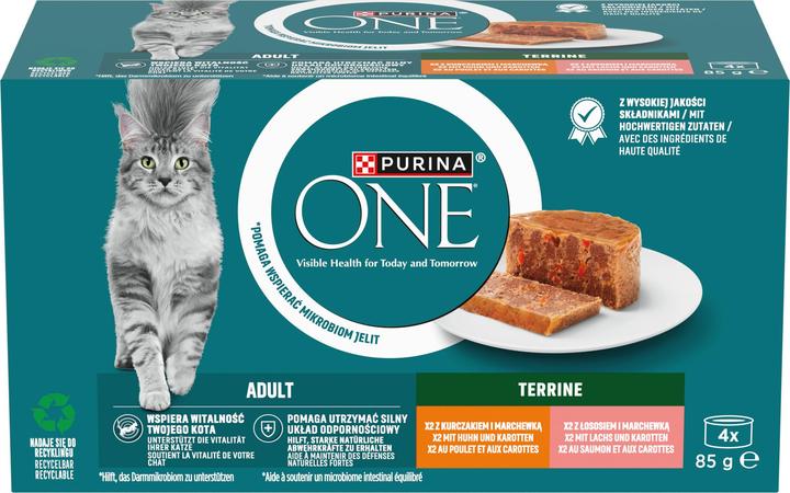 Immagine prodotto Purina ONE Adult Terrine Mit Huhn Und Karotten, Mit Lachs Und Karotten (Adulto, 4 pz., 340 g)