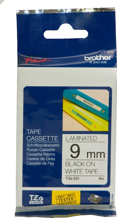 Brother TZe-221 (0.90 cm, Noir, Blanc)