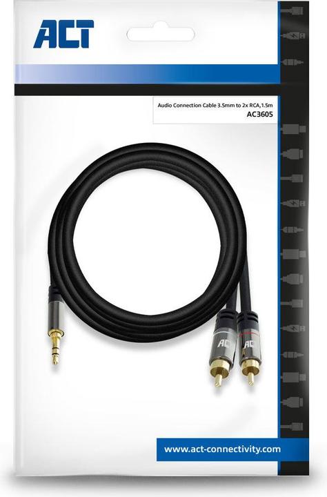 Actual product image 1.5 meter High Quality audio connection cable 1x 3.5mm stereo jack male - 2x RCA male (1.50 m, 3.5mm jack (AUX))