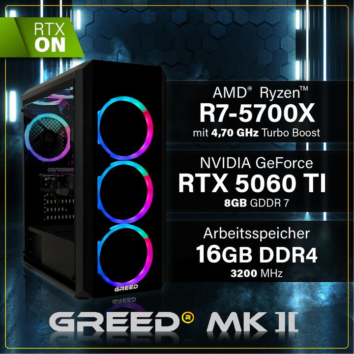 Produktbild Greed MK2 AMD - Gaming PC - RTX 5060 (1000 GB, 16 GB, AMD Ryzen 7 5700, GeForce RTX 5060)