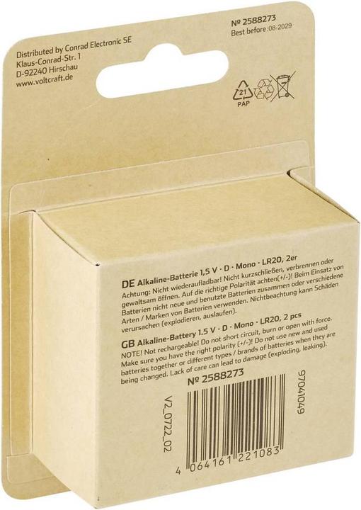 Immagine prodotto Voltcraft LR20 Mono (D) batteria alcalina al manganese 18000 mAh 1,5 V 2 pz. (2 pz., D, 18000 mAh)
