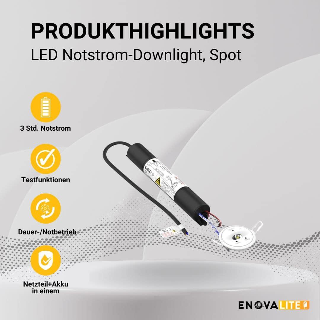 Thumbnail - Enova, Wandleuchte + Deckenleuchte, ELED 200106 - LED-Notstrom Downlight Einbau TEST-Fkt. (150 lm)