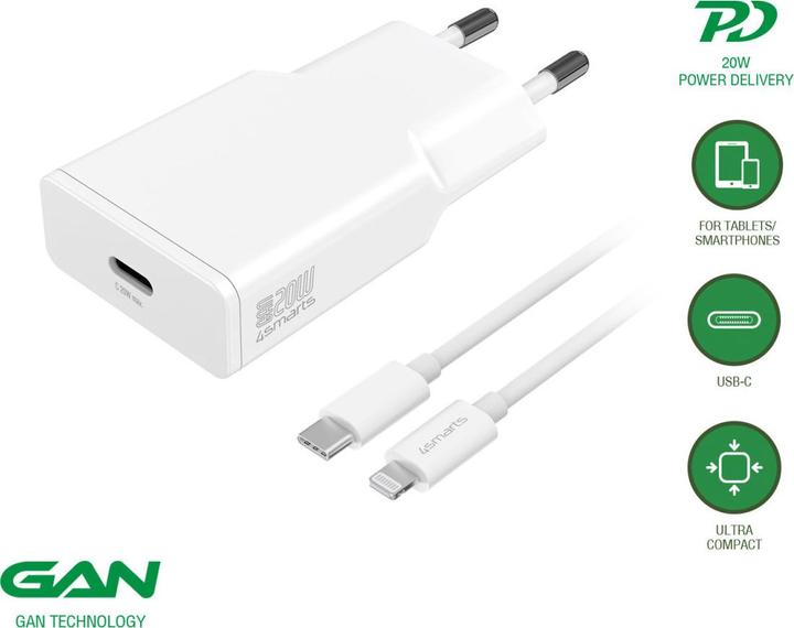 Immagine prodotto 4smarts Caricabatterie PDPlug Slim 20W GaN 1C + USB-C a Lightning 1,5m, bianco (20 W, 1 porzione)