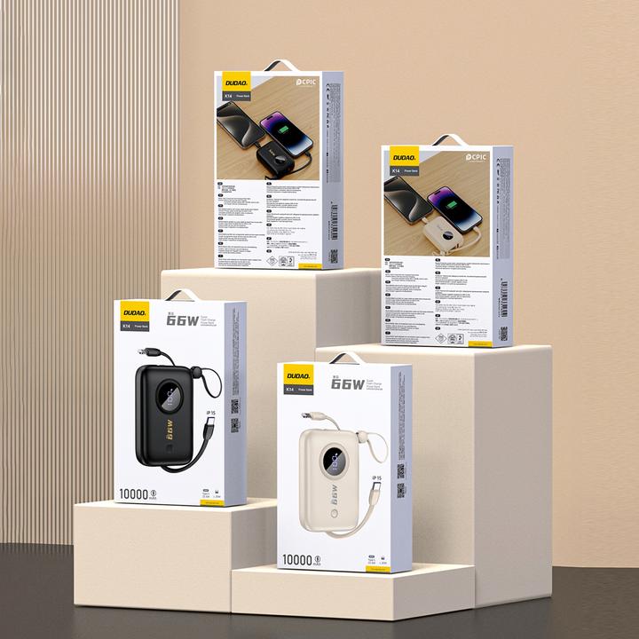 Actual product image Dudao K14 10000mAh power bank with USB-C / Lightning cables - beige (10000 mAh, 22.50 W, 37 Wh)