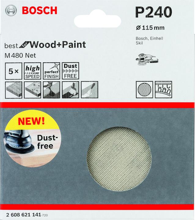 Immagine prodotto Bosch Professional Foglio di levigatura M480 Net. Migliore per legno e vernice. 115 mm. 240. Confezione da 5 (240)