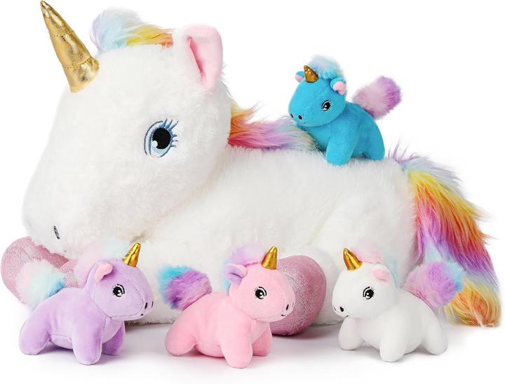 Milkii Einhorn Plüschtier mit 4 Babys, 60 cm