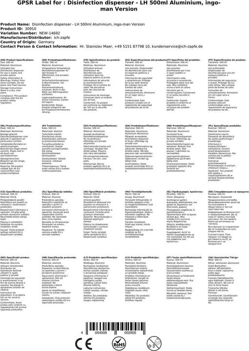 Image du produit Ich-zapfe Distributeur de désinfection - LH 500ml aluminium