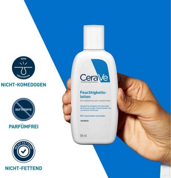 Produktbild CeraVe Feuchtigkeitslotion: Körperlotion für trockene bis sehr trockene Haut für Gesicht und Körper (Körpercreme, 88 ml)
