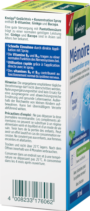 Valeurs nutritives et ingrédients Kneipp Mémoire + concentration spray (1 pièce(s), Spray)