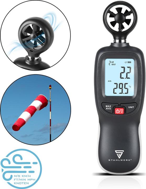 Stahlwerk Anemometer Kompakter Luftgeschwindigkeitsmesser 30 m/s, Windmessgerät mit LCD-Display