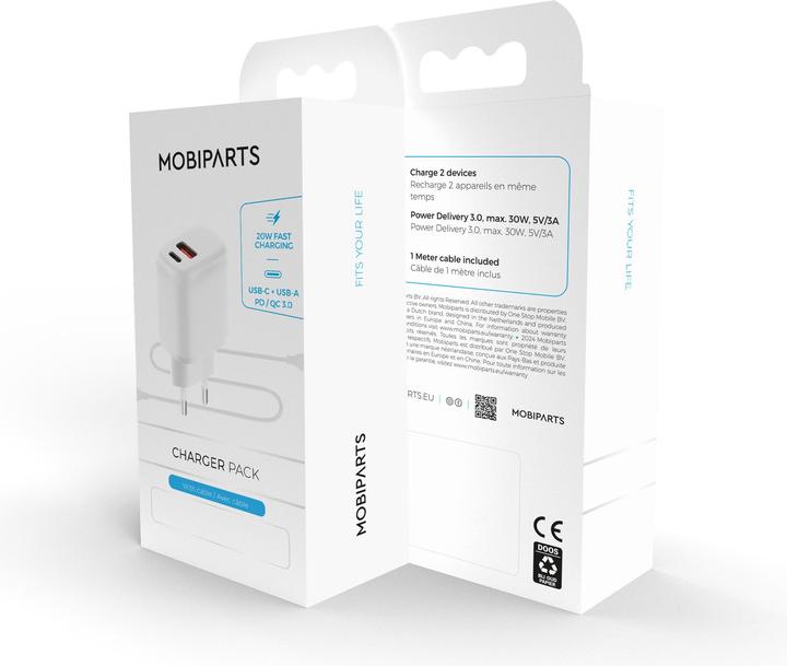 Actual product image Mobiparts Wall Charger Dual USB-C/USB-A with USB-C to USB-C cable White (20 W)