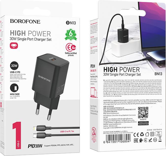 Immagine prodotto Borofone Netzladegerät BN13 Safety GaN - Typ C - PD 30W mit Typ C auf Lightning Kabel schwarz (30 W)