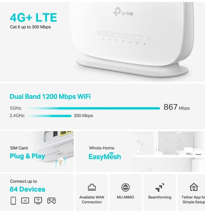 Immagine prodotto TP-Link ROUTER AC1200 WIRELESS 4G+DUALBAND 3P/GBS LAN+1WAN ANT.INT/EST WPA3