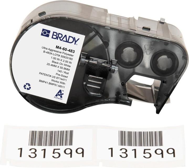 Produktbild Brady M4-60-483, Polyester, Schwarz auf weiss, glänzend, 25.40 x 50.80 mm, extra stark klebend (140 (2.54 cm)