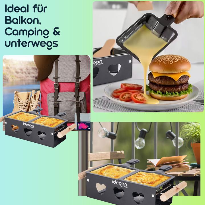 Produktbild Ideoon Raclette-Teelicht für 2 Person, Raclette Set ohne Strom inkl. Teelichtern und Schaber aus Metall