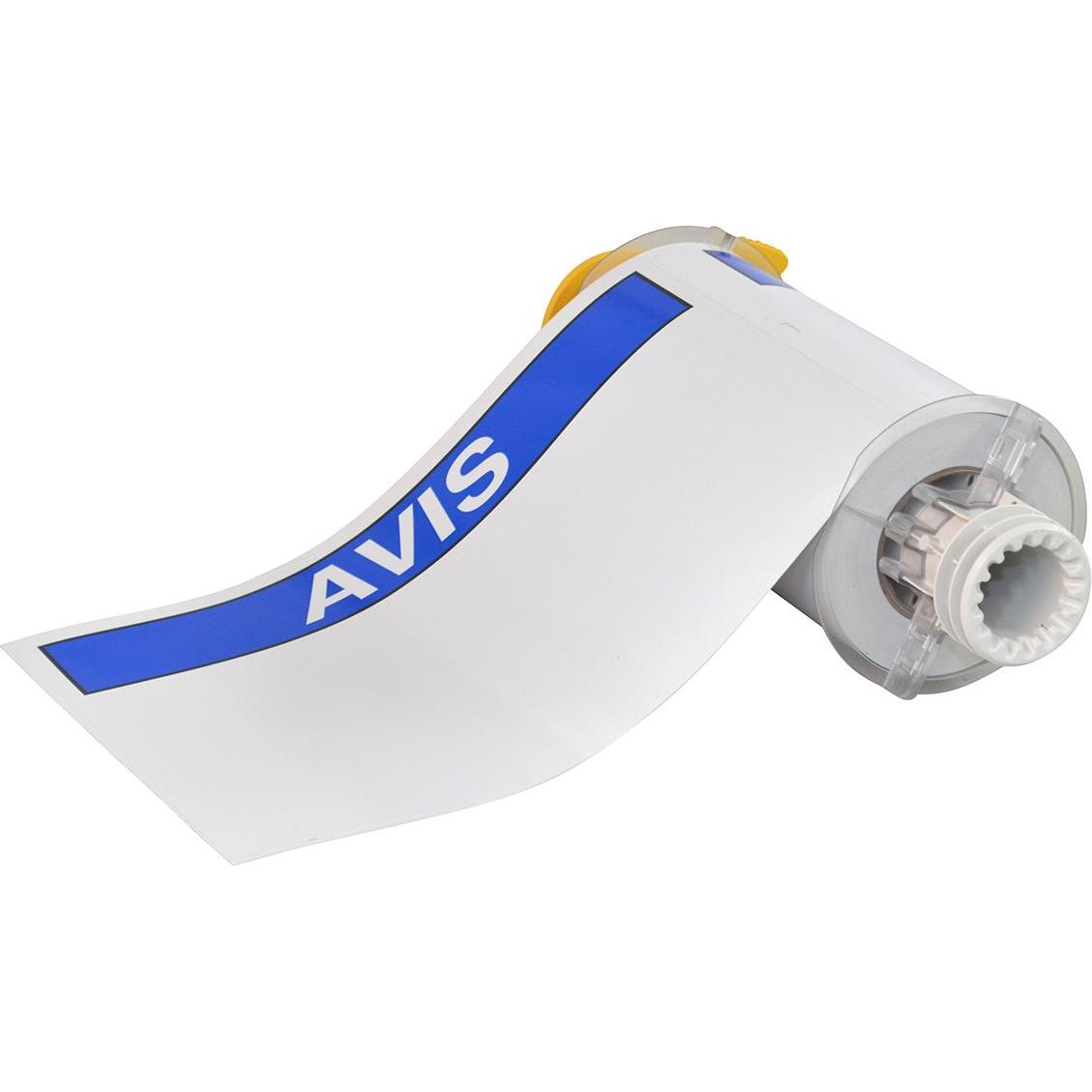 Brady, Rotolo di etichette, B85-178x254-595-AVIS, etichette in vinile prestampate, bianco su blu, lucide, 177,80 x 254,00 (25.40 cm)