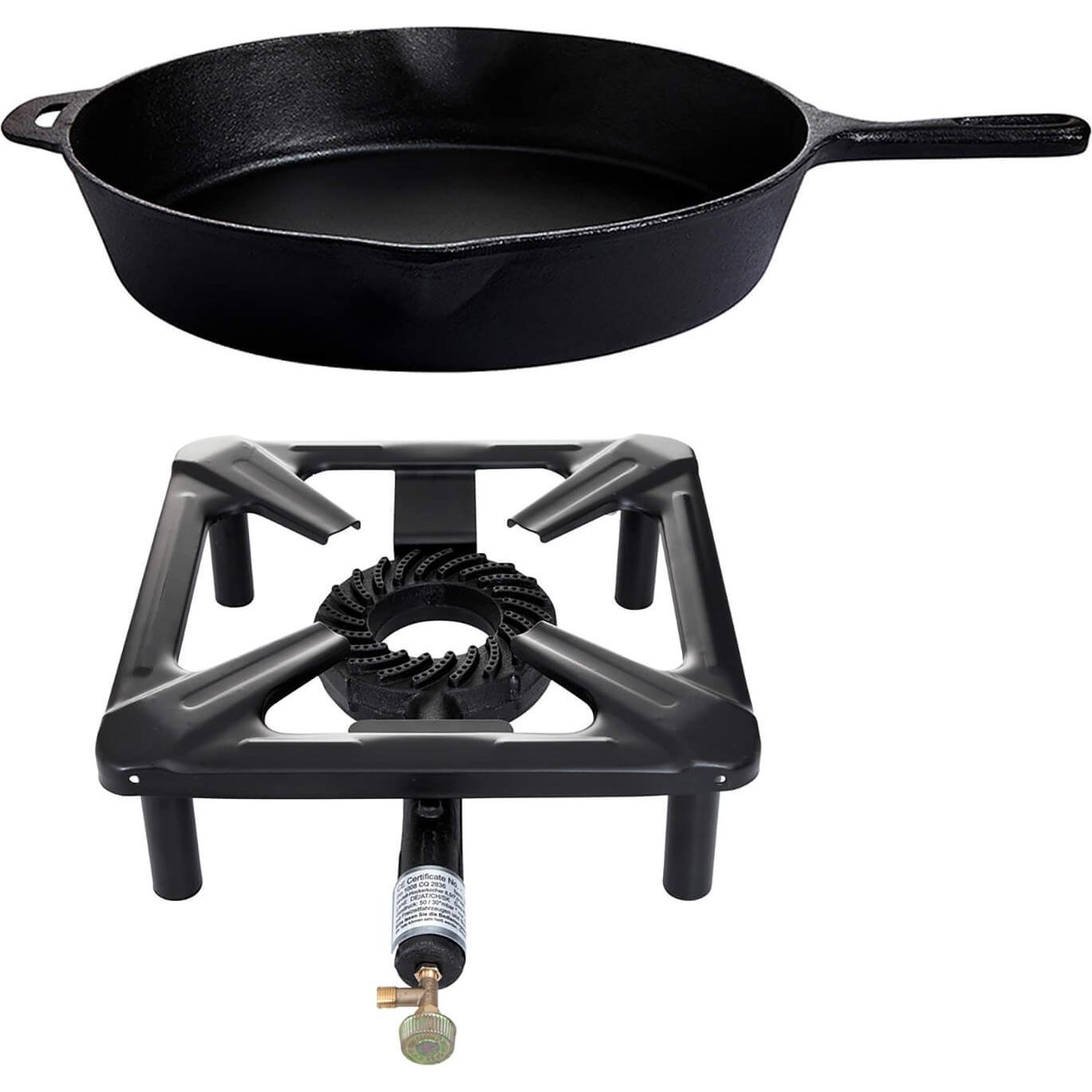 All'Grill Hockerkocher-Set (klein) mit Gusseisenpfanne Ø 39 cm - ohne Zündsicherung, Pfanne + Kochtopf