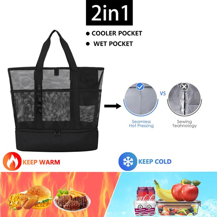 Produktbild Only-Bags.Store Mesh Beach Bag Large Foldable mit wasserdichter Kühltasche