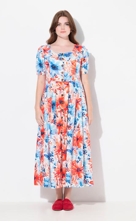 Immagine prodotto Ulla Popken Maxi abito in misto lino con inserti a punto smock, scollo rotondo e mezze maniche (54)
