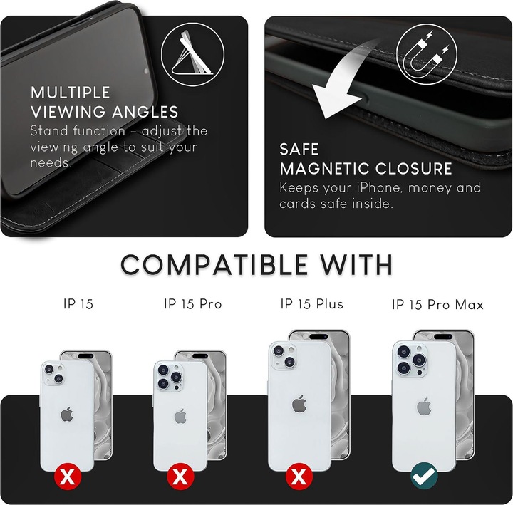 Produktbild Nalia Echt Leder Flip Case Hülle mit Magnetverschluss (Apple iPhone 15 Pro Max)