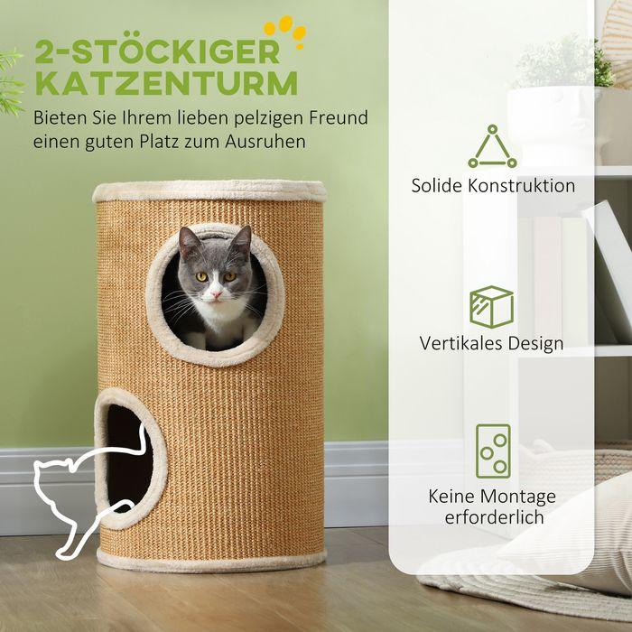 Produktbild Swisshandel24 Kratztonne 60 cm Hoch Katzentonne mit 2 Höhle, aus Sisal, für Katze bis 5 kg (60 cm, Braun+Beige)