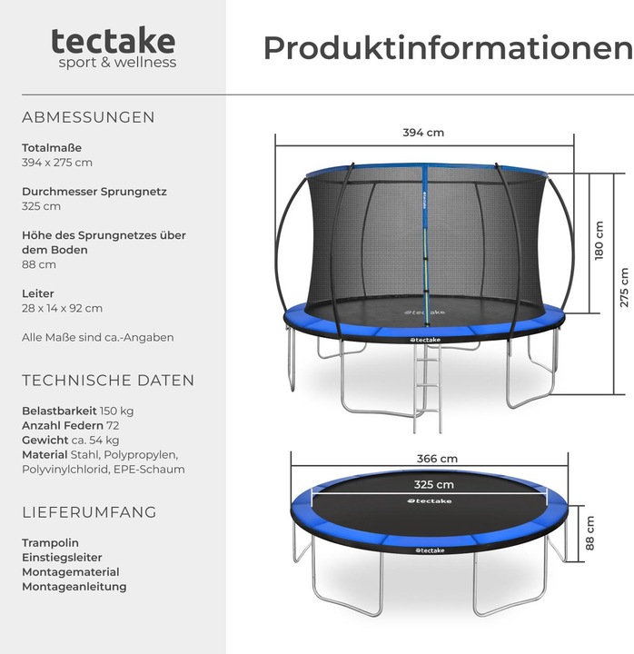 Actual product image tectake Trampoline Jumpy - tear resistant mat, safety net, padded edges, entry ladder (366 cm)