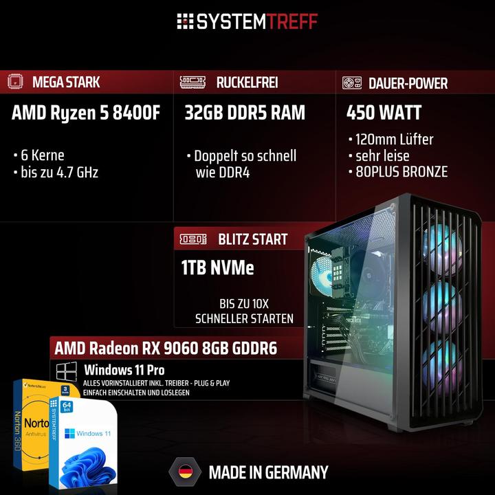 Produktbild SYSTEMTREFF Gaming PC G245113 (1000 GB, 32 GB, AMD Ryzen 5 8400F, Radeon RX 9060 XT)