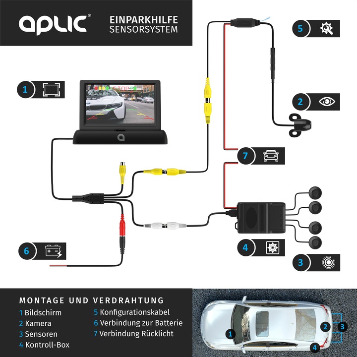 Image du produit Aplic Caméra de recul, aide au stationnement avec 4x capteurs de stationnement, caméra & écran 4,3" avec