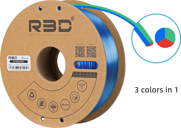Actual product image R3D eSilk Mystic PLA Red Green Blue Filament 1.75mm 1Kg (PLA, 1.75 mm, 1000 g, Multicoloured)