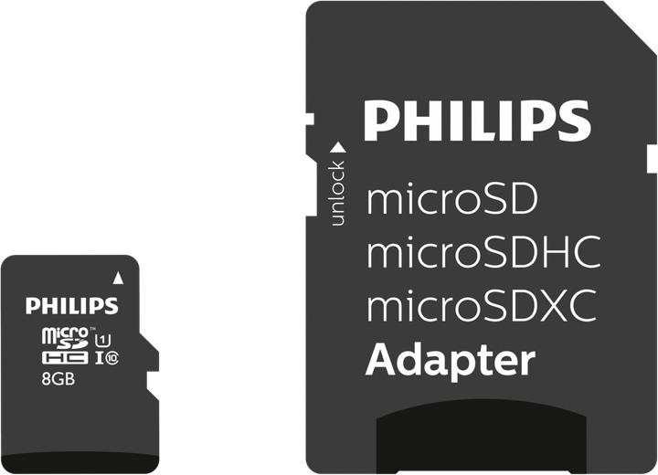 Actual product image Philips MicroSDHC Card 8GB Class 10 UHS-I U1 incl. adapter (8 GB, microSDHC, U1, UHS-I)