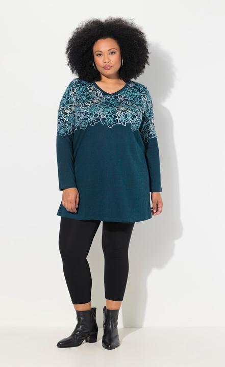 Actual product image Ulla Popken Floral Placement Print Long Sleeve V-Neck Cotton Knit Tunic (50, 52)