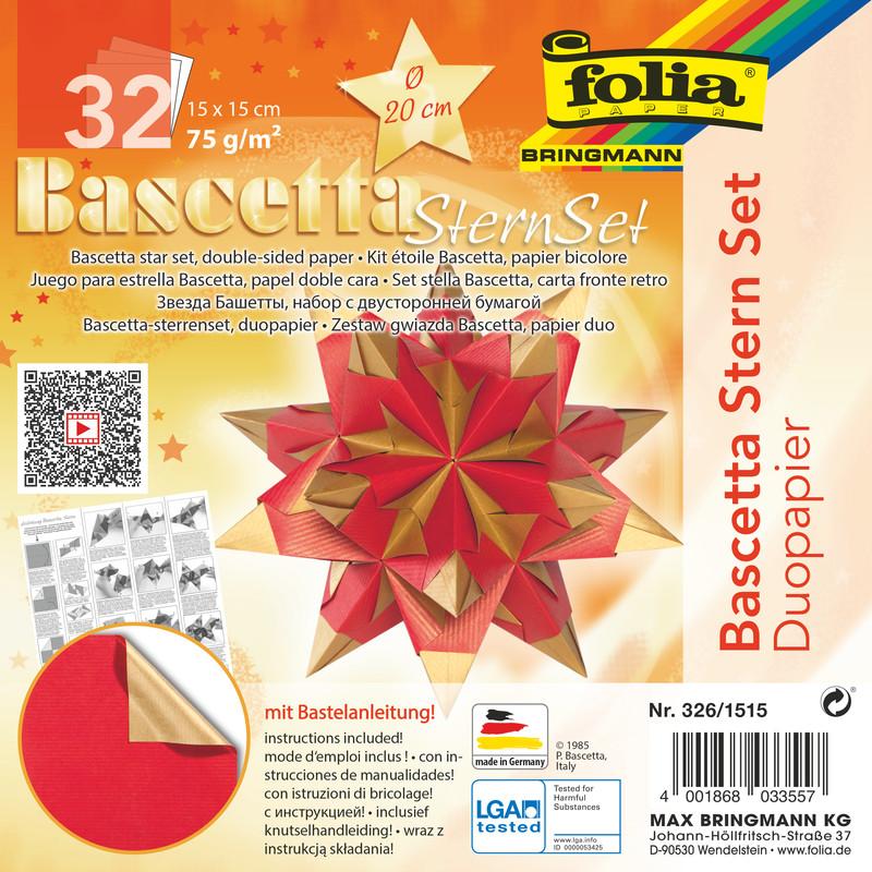 Folia, Bastelpapier, Faltbl„tter Bascetta-Stern, 150 x 150 mm, hochrot/gold (32 x)