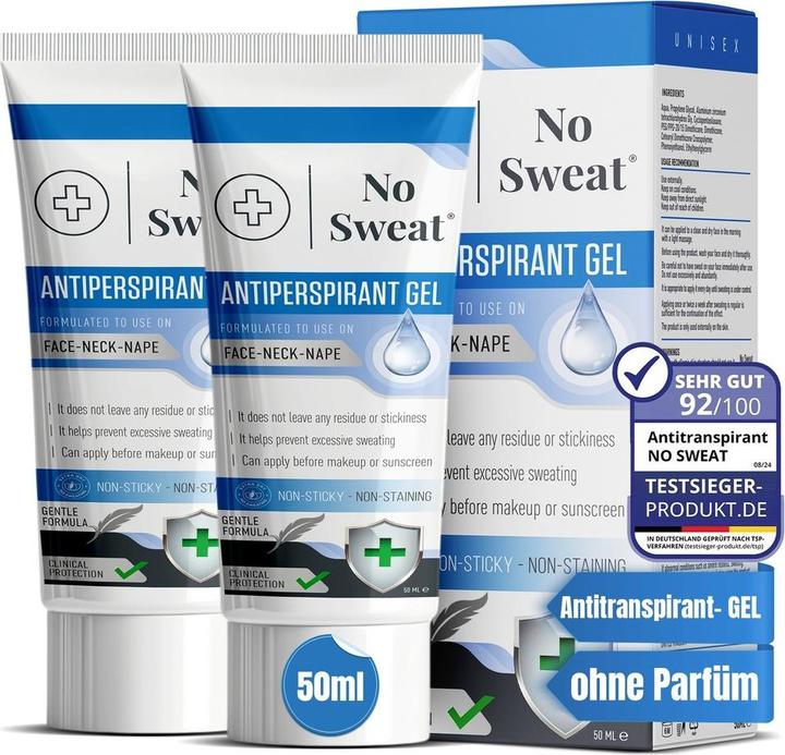 Produktbild No Sweat 2 Stück Antitranspirant Gel 50ml - Stark gegen Schwitzen im Gesicht, Hals, Nacken (Spray, 50 ml)