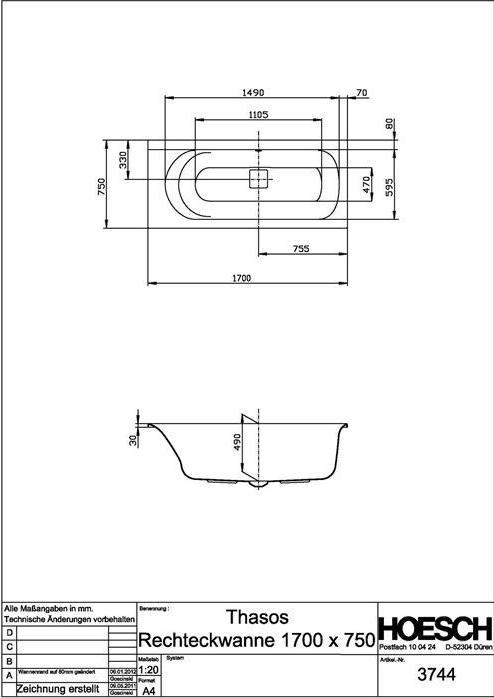 Image du produit Hoesch Baignoire THASOS 1700x750x490mm blanc (190 l, 172 cm, 75 cm)