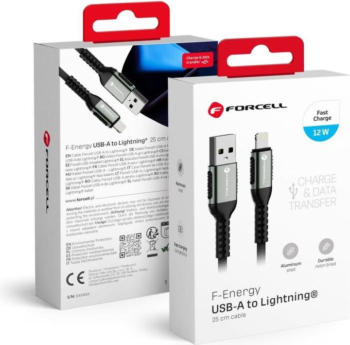 Actual product image Forcell Cable F-ENERGY C257 cable USB A to Lightning 2,4A 12W Cafule 0,25 m black (0.25 m, 12 W)
