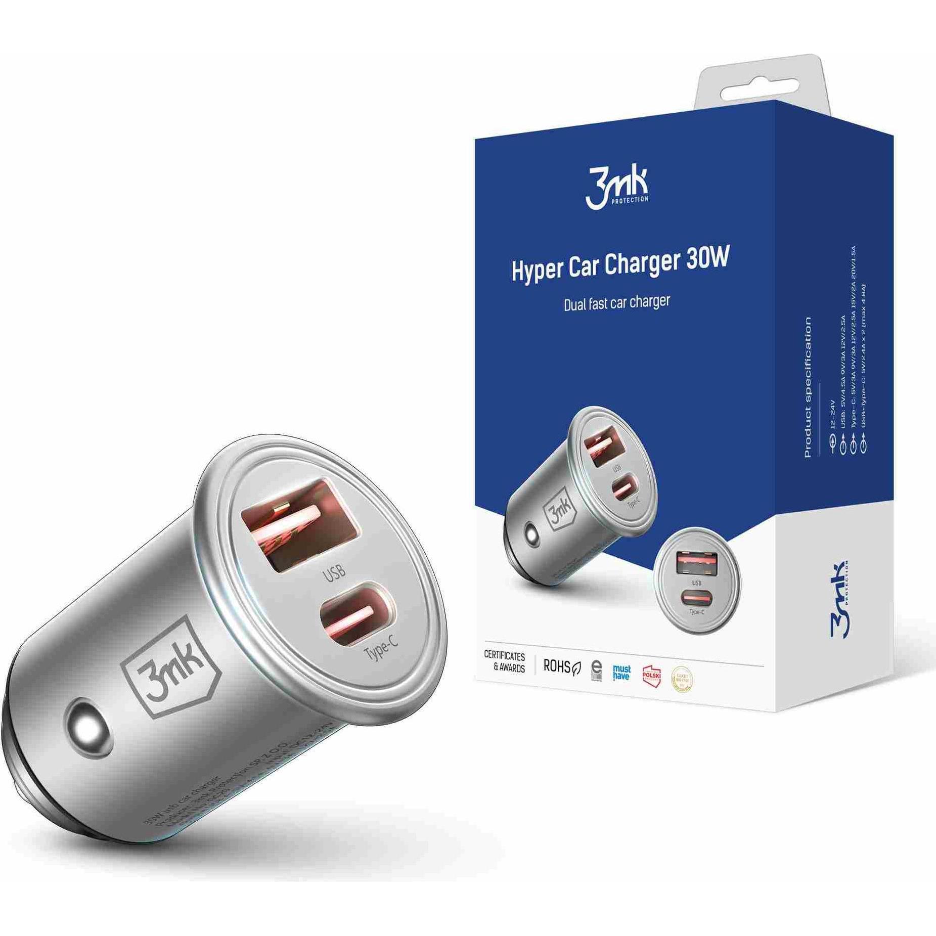 3MK Caricatore da auto Hyper Type-C + porte USB QC 4.0 + PD 30W, Adattatore per auto, Grigio