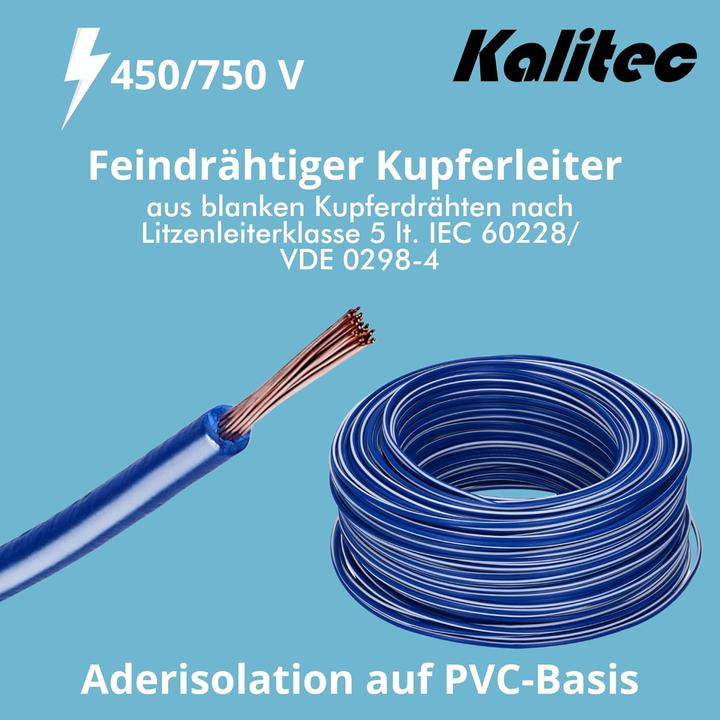 Produktbild Kalitec 10 Meter H07V-K 1,5 mm² dunkelblau-weiss Verdrahtungsleitung I Aderleitung flexibel I PVC Ein (10 m)