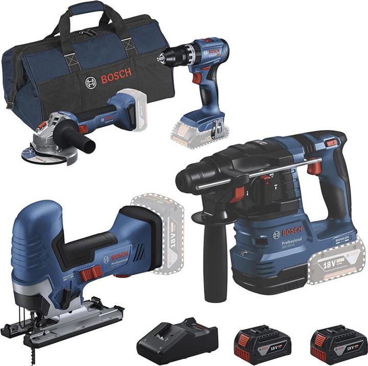 Bosch Professional 4 Tool Kit GBH+GST+GSB+GWS, 2x Akku inkl. Tasche