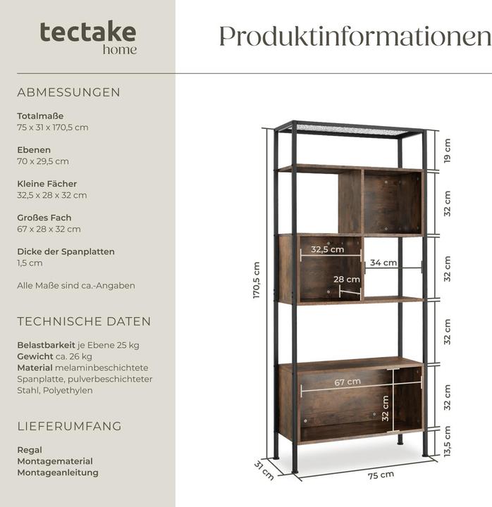 Immagine prodotto tectake Libreria Hastings 75x31x170,5cm