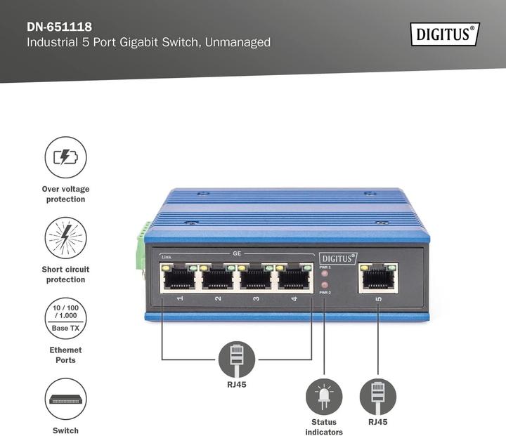 Immagine prodotto Digitus Switch Gigabit industriale a 5 porte (5 porte)