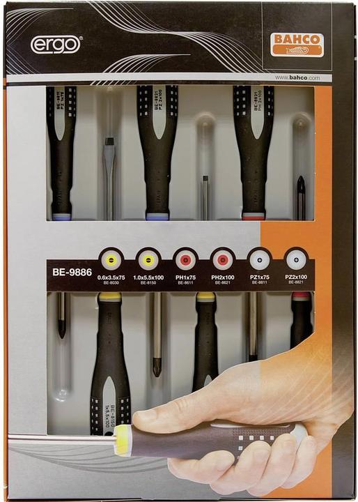 Produktbild Bahco ERGO Schraubendreher-Satz für Schlitz-, Phillips- und Pozidriv-Schrauben, gerade und flach, mit 3- (Phillipps-Kreuzschlitz (PH), Pozidriv-Kreuzschlitz (PZ), Schlitzschrauben)