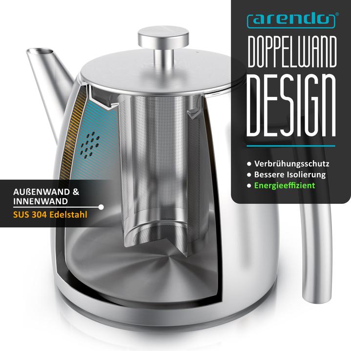 Produktbild Arendo Teekanne aus Edelstahl, Metallgriff, Siebeinsatz, 1L, Isolierkanne, Doppelwandig, Edelstahl Teesieb (1 l)
