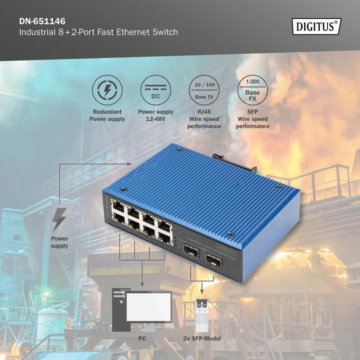 Immagine prodotto Digitus Switch Fast Ethernet industriale a 8+2 porte (8 porte)
